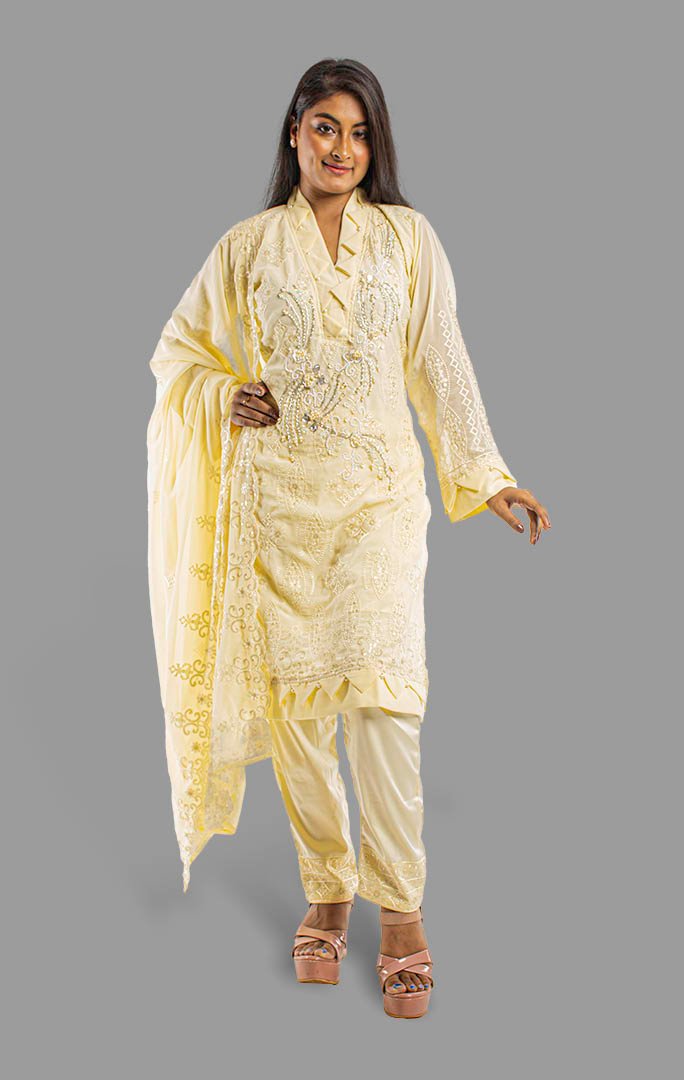 Pure Georgette V-Neck 3-Piece Set with Moti & Pearl Work FS34